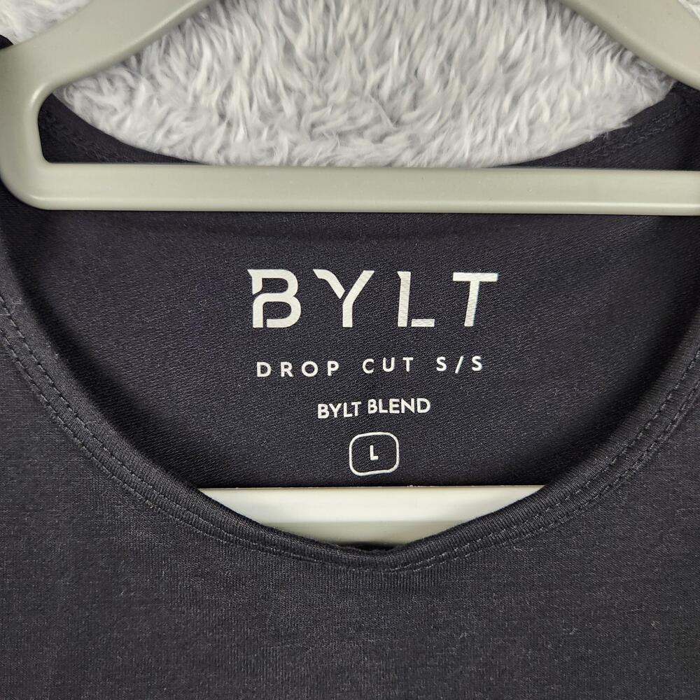 BYLT Shirt Mens Large Black Drop Cut S/S Curved Hem Stretch Logo Gym Athletic